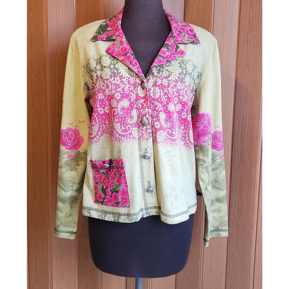 Copa Cabana  small 100 % cotton green & pink long sleeve button up knit top